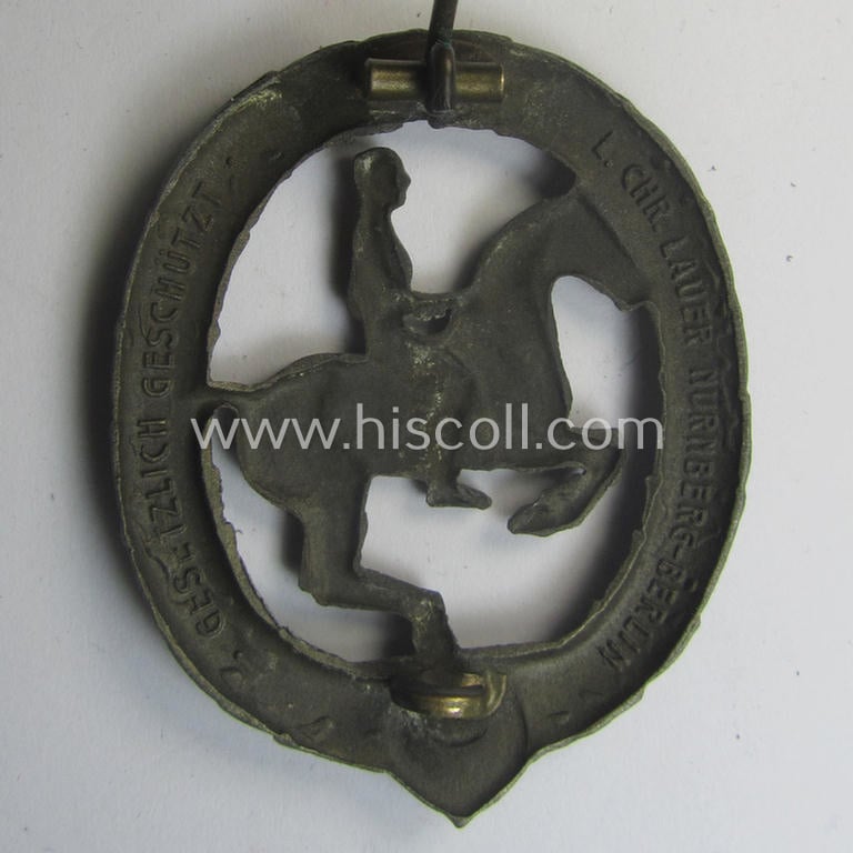 'Deutsches Reiterabzeichen der 3. Klasse (ie. 'in Bronze') being a maker- (ie. 'L.Chr. Lauer'-) marked example that comes together with its accompanying 'Halbminiatur'