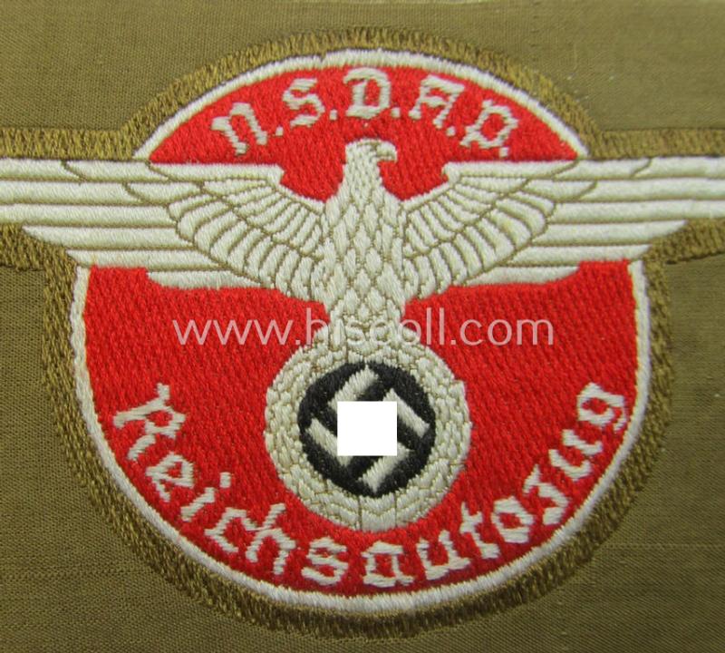 Superb - and rarely encountered! - breast-badge as executed in 'BeVo-weave' pattern as was intended for members within the 'N.S.D.A.P. Reichsautozug' (or: 'RaZ') still retaining its period, paper-based 'RzM'-etiket