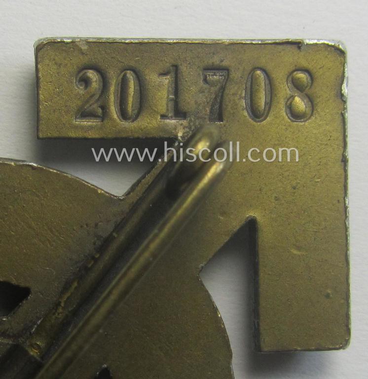 HJ- (ie. 'Hitlerjugend'-) sports-badge (or: 'HJ-Leistungsrune') of the bronze-class being a clearly maker- (ie. 'RzM - M1/63'-) marked- and/or: 'Cupal'-based specimen that shows an engraved (unique) bearers'-numeral ('201708')