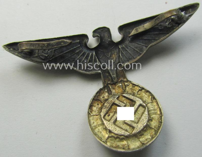 Attractive, silver-toned - and I deem 'Buntmetall'-based! - early-pattern, SS- o. SA-type, political- ie. 'Art Deco'-styled visor- (ie. 'Schirmmützen'-) cap-eagle being a maker- (ie. 'RzM 52'-) marked example that comes in a used condition