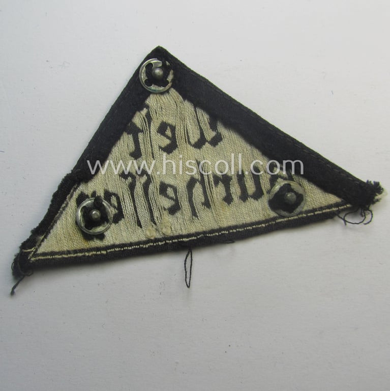 Neat, HJ/BDM ('Hitlerjugend' ie.: 'Bund Deutscher Mädel') district-triangle (ie. 'Gebietsdreieck') entitled: 'West Kurhessen' (being a truly used and/or worn example that misses its 'RzM'-etiket)