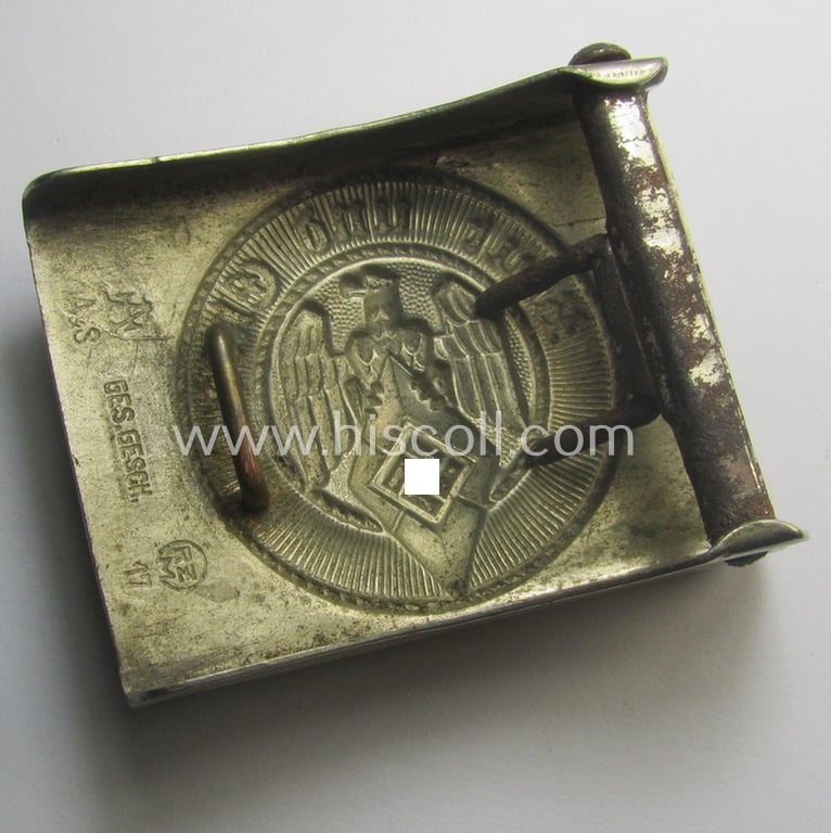 HJ (ie. 'Hitlerjugend') nickle-chrome-based belt-buckle being a neatly (double!) maker (ie. 'RzM 17' and/or 'A' ie. 'Assmann & Söhne') marked specimen