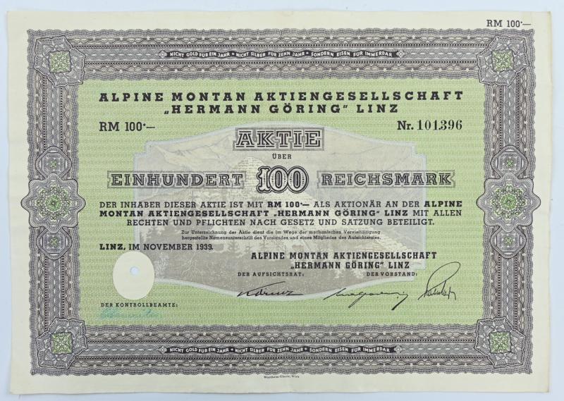 German Third Reich Certificate Alpine Montan AG "Hermann Göring" Linz