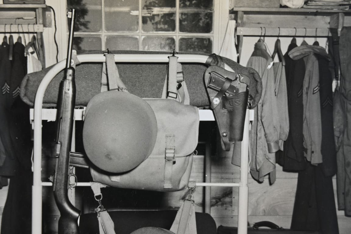 US WW2 Press Photo 'Side arms inspection'