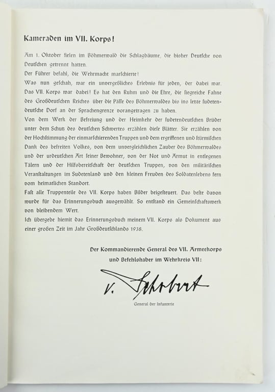 German Remembrance Book 'VII Korps in Sudetenland'