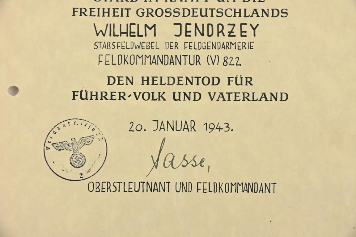 German WH Feldgendarmerie Certificate 'Heldentod'
