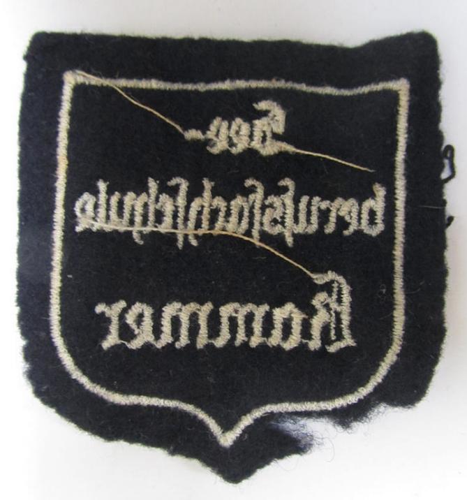 Superb - and with certainty very rarely encountered! - Marine-HJ (ie. 'Marine-Hitlerjugend') arm-badge (aka: 'Ärmelabzeichen') depicting the embroidered text: 'Seeberufsfachschule Kammer'