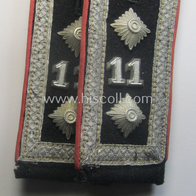 Superb - and rarely found! - pair of WH (Heeres) 'cyphered', NCO-type shoulderstraps (for usage onto the black-coloured, 'wrap-around'-styled Panzer-tunics) as intended for usage by an: 'Oberfeldwebel des Panzer-Rgts. 11'