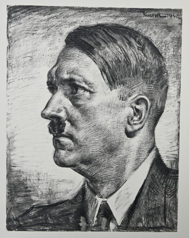 German Adolf Hitler Charcoal Drawing Litho Print