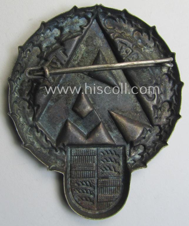 Commemorative - silver-toned- and/or tin-based - SA- (ie. 'Sturmabteilungen'-) related 'tinnie' being a non-maker-marked- and/or 'hollow-back' example depicting the SA-logo, provincial-shield and text (ie. date) that reads: 'Stuttgart - 1-VII-...