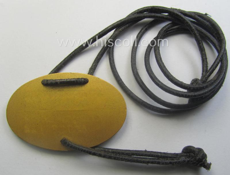 Later-war- (albeit 'standard-issue'-) pattern, WH (Kriegsmarine) typical aluminium-based- and/or bright golden-bronze toned ID-disc (ie. 'Erkennungsmarke') bearing the engraved coded numeral (ie. text) that simply reads: 'Kriegsmarine 46788/44'