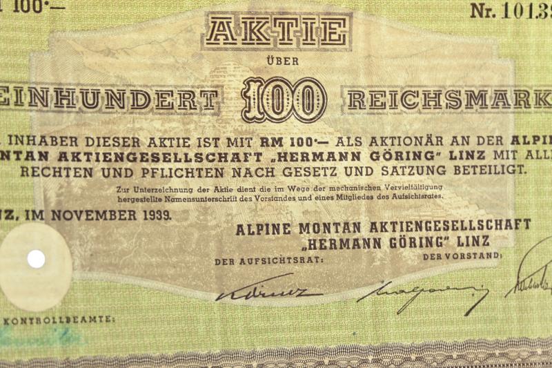 German Third Reich Certificate Alpine Montan AG "Hermann Göring" Linz