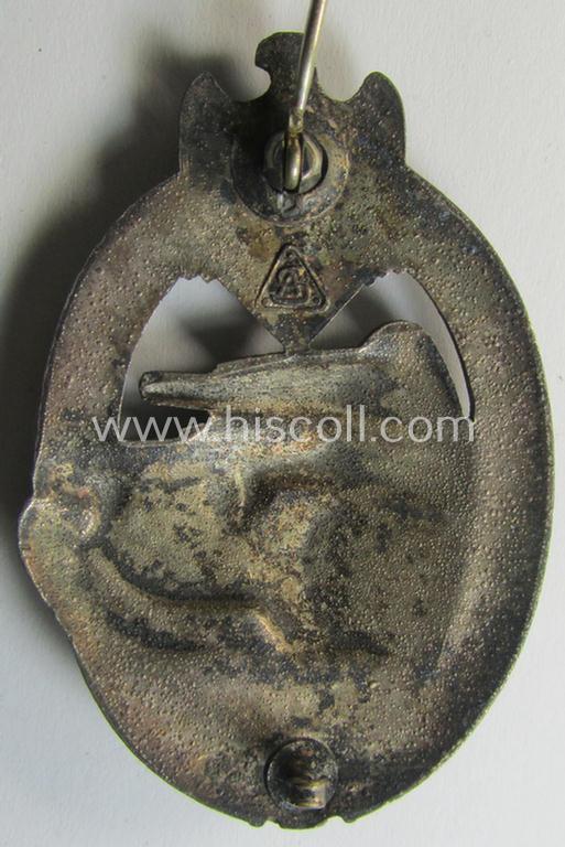 Moderately used 'Panzerkampfabzeichen in Silber' (or: silver-class panzer-assault badge or PAB) being a clearly maker- (ie. 'AS' in a triangle-) marked- and/or typical zinc- (ie. 'Feinzink'-) based specimen as was procuced by a to date unknown...