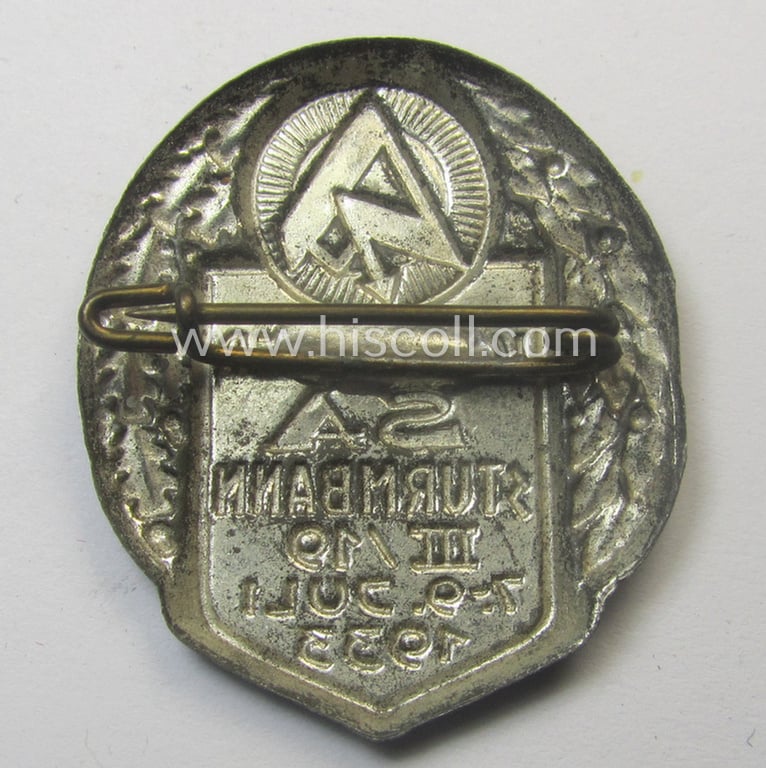 Commemorative - rarely found and early-period! - greyish-silver- (and red-) toned SA- (ie. 'Sturmabteilungen'-) related 'tinnie' entitled: 'Ich half der S.A.Sturmbann III/10 - 7.-9. Juli 1933'