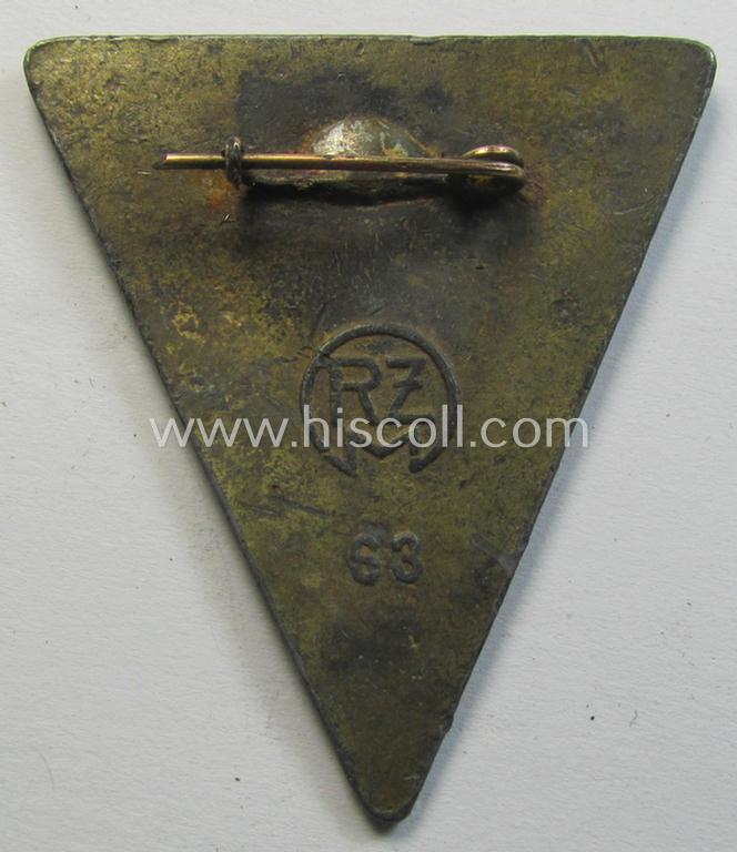 Neat, 'NS-Frauenschaft'-membership-badge (ie. 'Mitgliedsabzeichen') being a larger- (ie. 46-mm.-) sized example of the fourth pattern that shows a clearly present: 'RzM 63'-makers'-designation on its back