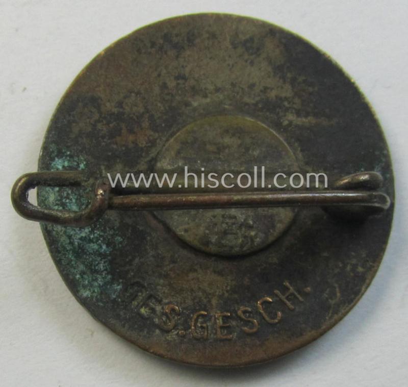 Attractive - darker-red-coloured and very nicely preserved! - 'variant'-pattern 'N.S.D.A.P.'-supporter-pin- ie. party-badge (or: 'Parteiabzeichen') being a smaller-sized(!) specimen that shows a 'Ges.Gesch.'-patent-pending-designation