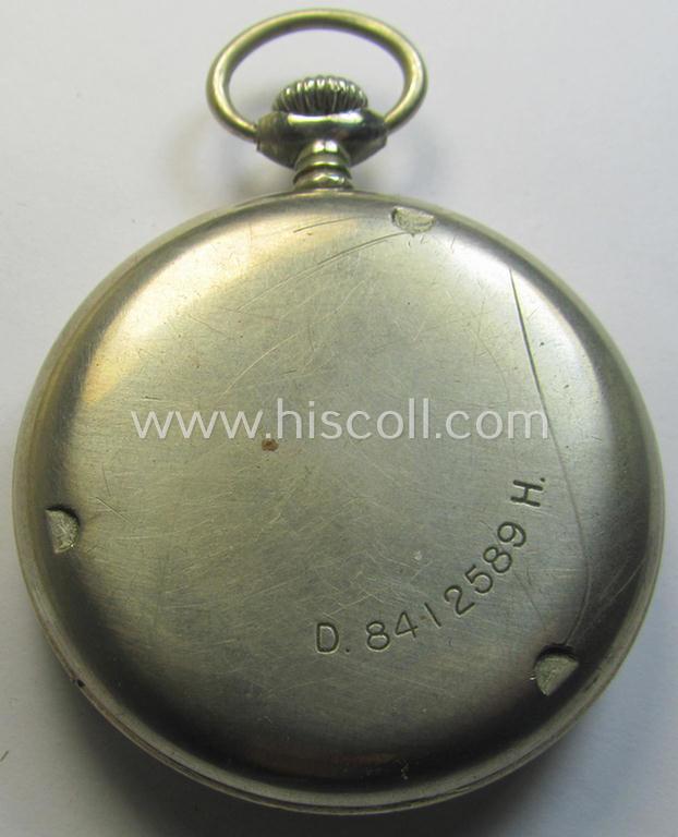Attractive - and scarcely encountered! - 'Deutsche Wehrmacht'- (ie. WWII-period) pocket-watch ('Dienstuhr') of the make: 'Zenith' having a black-coloured dial-plate and/or engraved back-plate that reads: 'D 8412589 H'