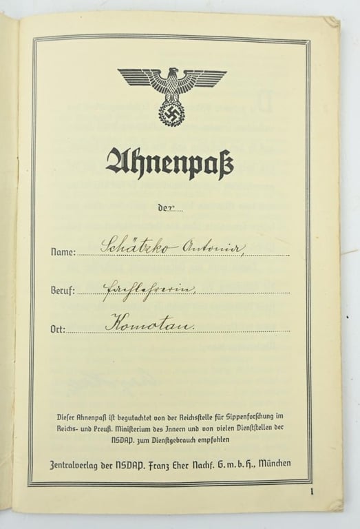 German Third Reich 'Ahnenpass' Ancestral Passport