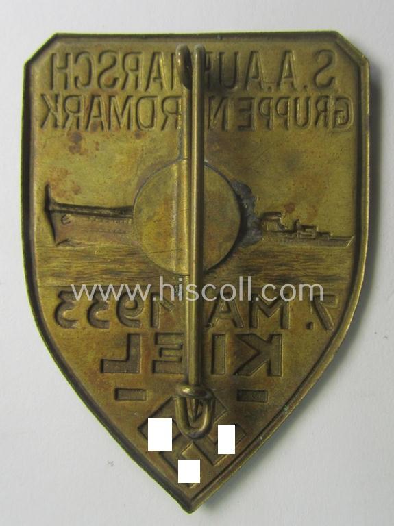 Neat - and scarcely encountered! - SA- (ie. 'Sturmabteilungen'-) related 'tinnie' being a non-maker-marked example showing a battle-ship and text: 'S.A. Aufmarsch Gruppe Nordmark - 7. Mai 1933 - Kiel'