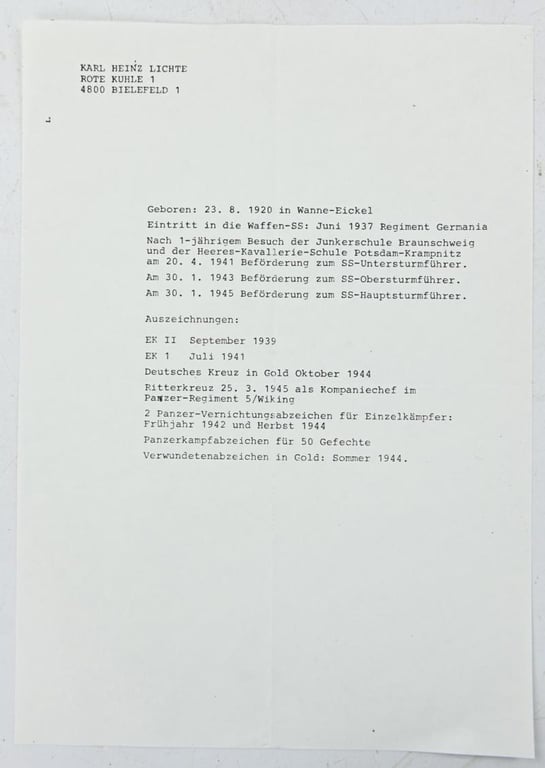 Signature of Waffen-SS KC Recipient 'Karl-Heinz Lichte'