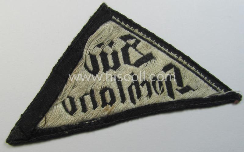 'HJ' ('Hitlerjugend') ie. 'BDM'- ('Bund Deutscher Mädel') district-triangle (ie. 'Gebietsdreieck') entitled: 'Süd Hochland' (being a clearly used- ie worn example that regrettably misses its 'RzM'-etiket)