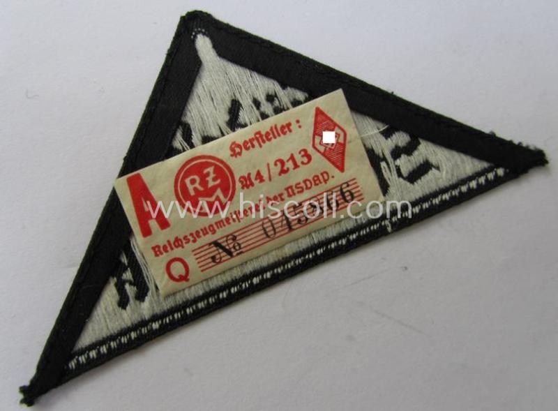 'HJ' ('Hitlerjugend') ie. 'BDM'- ('Bund Deutscher Mädel') district-triangle (ie. 'Gebietsdreieck') entitled: 'Südost Steiermark' (being a hardly used- nor worn example that still retains its period-attached 'RzM'-etiket)