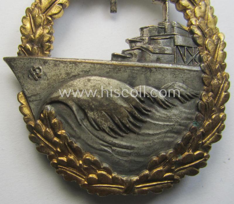 WH (Kriegsmarine) 'Zerstörerkriegsabzeichen' being a maker-marked example as executed in 'Buntmetall' (ie. 'Tombak') as was produced by the desirable maker (ie. 'Hersteller'): 'GWL' (ie. 'Gebr. Wegerhoff')