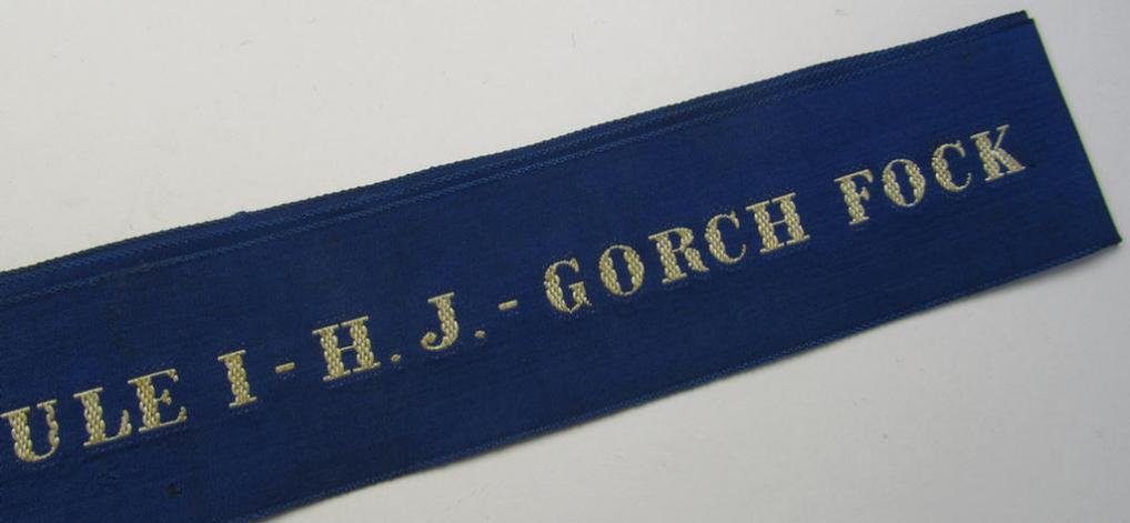 Stunning - and with certainty very rarely encountered! - Marine-HJ- (ie. 'Marine-Hitlerjugend'-) related cap-tally (ie. 'Mützenband') which is entitled: 'Reichsseesportschule I - H.J. - Gorch Fock'