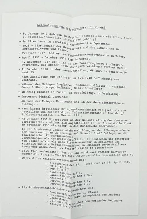 Signature of Wehrmacht Heer KC Recipient 'Johann Condné'