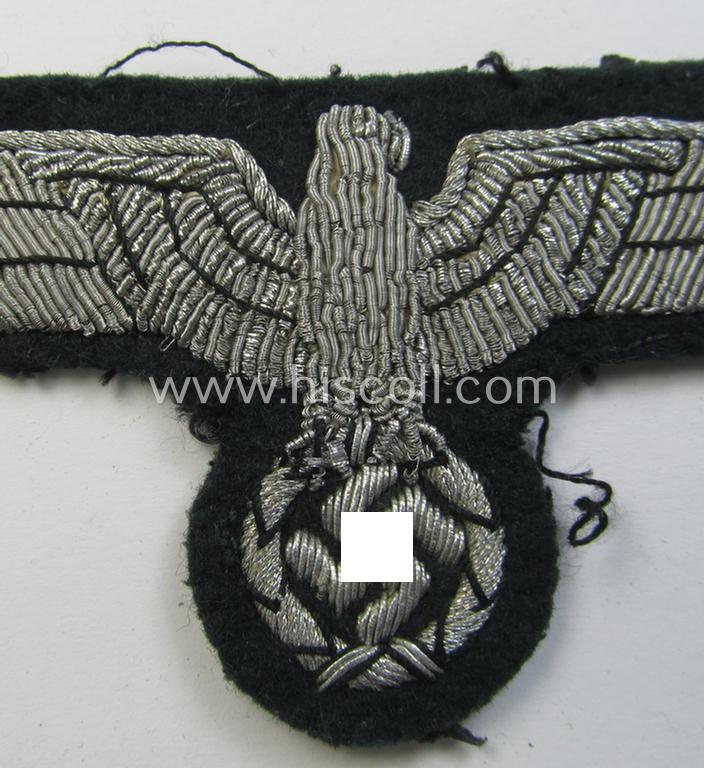 Attractive - and just moderately used! - WH (Heeres) officers'-type, hand-embroidered breast-eagle (ie. 'Brustadler für Offiziere') as was executed in bright-silverish-coloured braid as was intended for usage on the various officers'-pattern tuni...