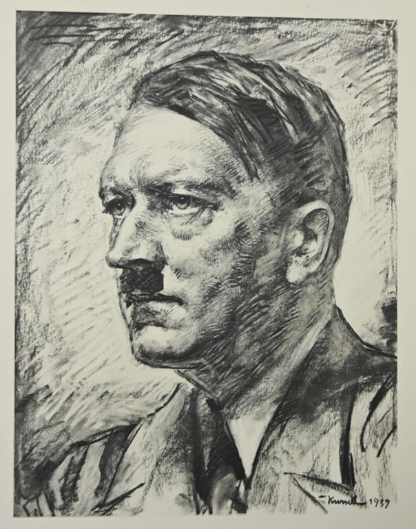 German Adolf Hitler Charcoal Drawing Litho Print