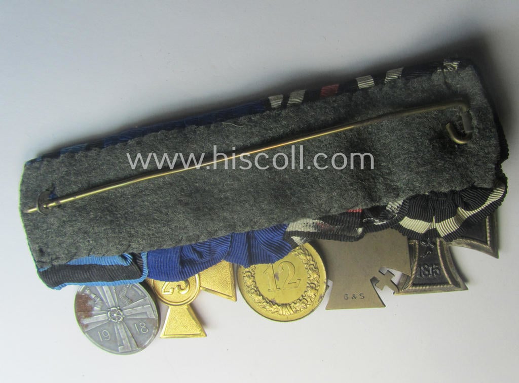 Superb, 5-pieced WWI- (ie. TR-) period, WH (Luftwaffe) medal-bar (ie. 'Ordenspange') resp. depicting an: 'EKII.Kl.', an: 'FKK 14-18 m. Schw.', a: WH (LW) 'DA 3. Stf.', a: WH (LW) 'DA 1. Stf.' and a Finish WWI-commemorative medal