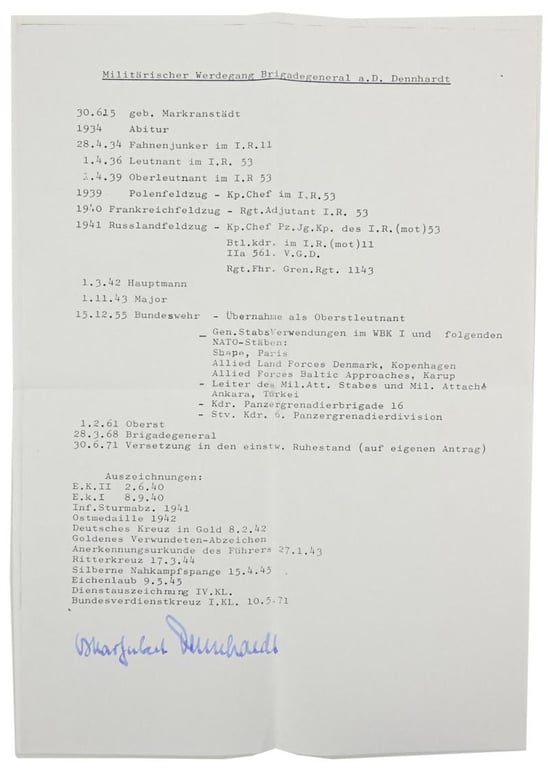 Signature of Wehrmacht Heer KC Recipient 'Oskar-Hubert Dennhardt'