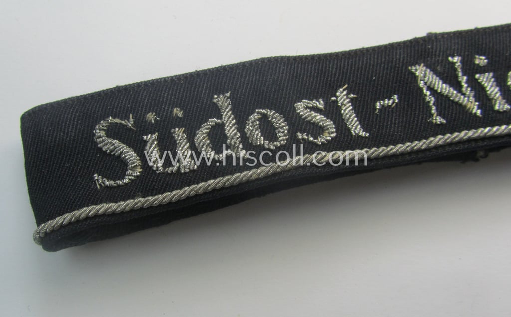 Stunning - and very rarely encountered! - example of a hand-embroidered BDM- (ie. 'Bund deutscher Mädel') officers'-pattern cuff-title (ie. 'Ärmelstreifen für Führerinnen der Bund deutscher Mädel') entitled: 'Südost-Niederdonau'