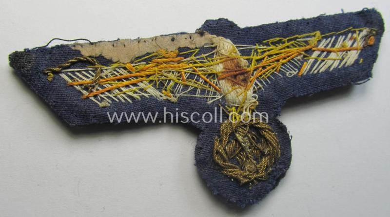 Superb - and just moderately used! - WH (Kriegsmarine) officers'-type, hand-embroidered breast-eagle (ie. 'Brustadler für Offiziere') as was executed in bright-golden-coloured braid as was intended for usage on the various officers'-pattern tunic...