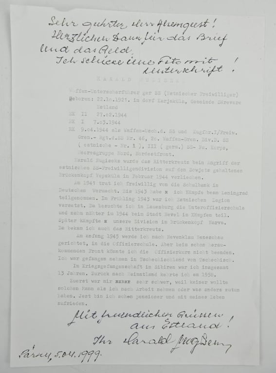 Signature of Waffen-SS KC Recipient 'Harald Nugiseks'