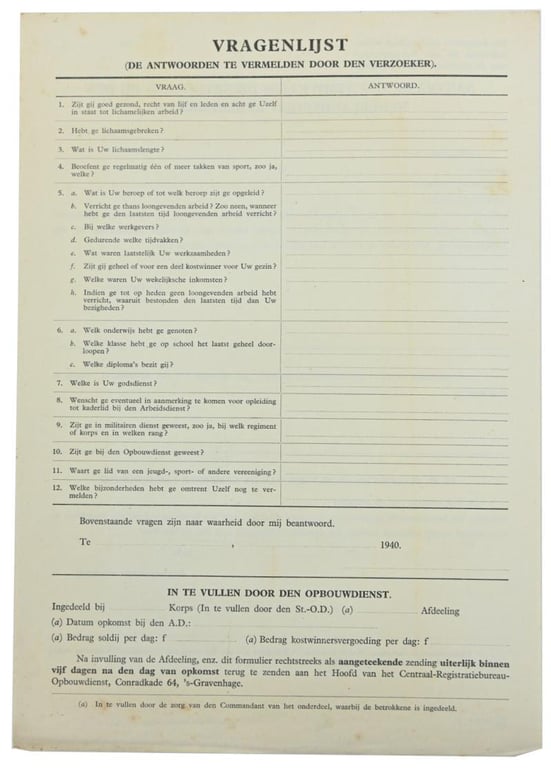 Dutch NAD Enlistment Paper
