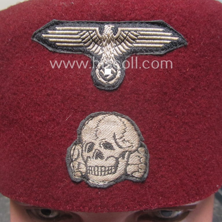 Superb, maroon-red-coloured, Waffen-SS-pattern so-called: 'Fez' having a neat - and fully matching! - silver-grey-coloured- and/or 'BeVo'-woven insignia-set originally- (ie. 'off-factory'-) attached