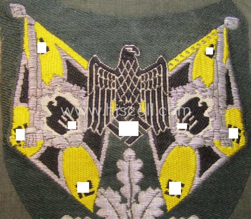 Superb - and scarcely encountered! - WH (Heeres), flat-wire- (ie. 'BeVo'-) woven 'Ärmelabzeichen für Fahnenträger des Heeres' as was intended for a soldier (ie. NCO) who served within a: 'Nachrichten'-unit