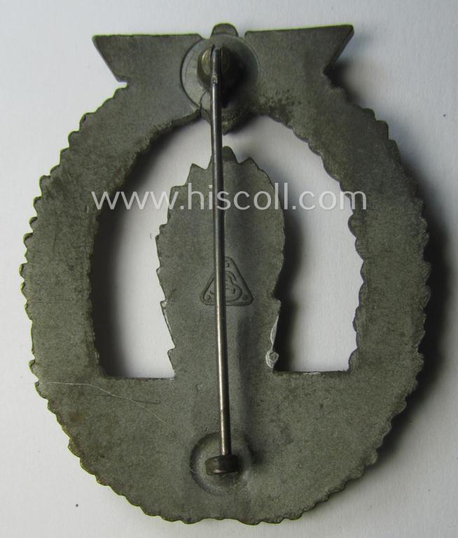 Regrettably denazified, WH (KM) 'Kriegsabzeichen für Minensuch-, U-Boot-Jagd und Sicherungs-Verbände' (being a typical maker-marked, 'Feinzink'-based example as was produced by the: 'Adolf Scholze'-company)