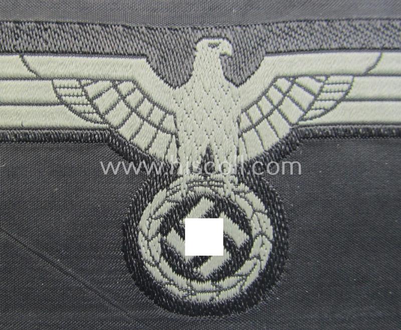 Later- (ie. mid-war-) period, WH (Heeres) 'Panzer'-type breast-eagle (ie. 'Brustadler für Panzertruppen') being a 'virtually mint- ie. unissued' example as executed in bluish-grey-coloured linnen on a black-coloured background