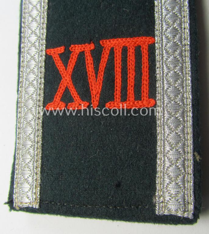 Single, early- (ie. pre-war-) period, WH (Heeres) 'cyphered' (pointed-styled), NCO-type (ie. 'M36- o. M40'-pattern) shoulderstrap as was intended for usage by an: 'Unteroffizier des Wehr-Ersatzdienstelle im Wehrkreises XVIII'