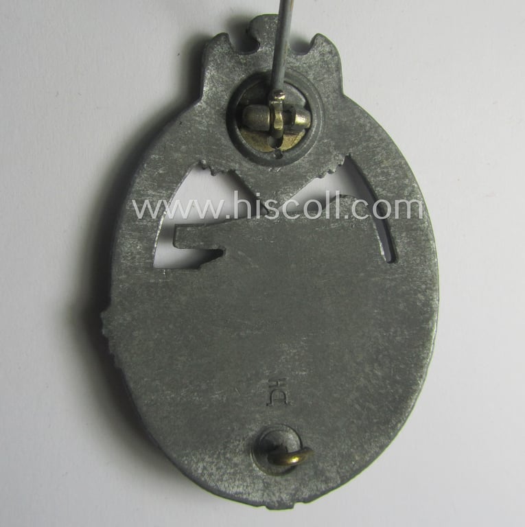 'Panzerkampfabzeichen in Silber' being a neatly maker- (ie. 'HA'-) marked- and/or typical zinc- (ie. 'Feinzink'-) based specimen as was produced by the desirable 'Hersteller' (ie. maker): 'Hermann Aurich'