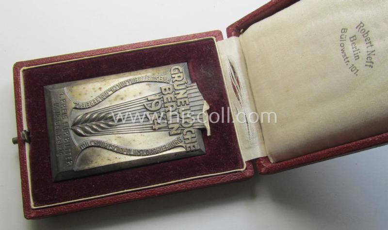 Attractive, silverish-toned (pre) 'Reichsnährstand'- (ie. 'RNSt.'-) related, commemorative-award-plaque entitled: 'Grüne Woche Berlin 1934 - 1. Preis für Butter - Molk. Gen. Belzig.' and that comes stored in its period etui