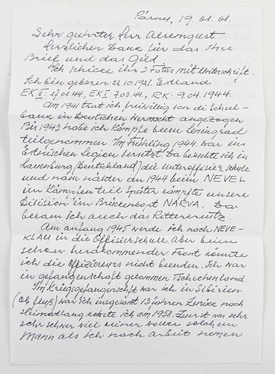 Signature of Waffen-SS KC Recipient 'Harald Nugiseks'