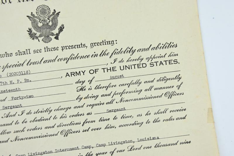 US WW2 Certificate of Promotion 797th MP Battalion