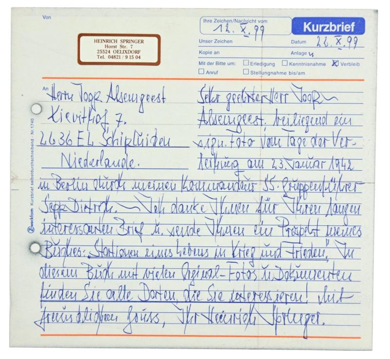 Signature of Waffen-SS KC Recipient 'Heinrich Springer'