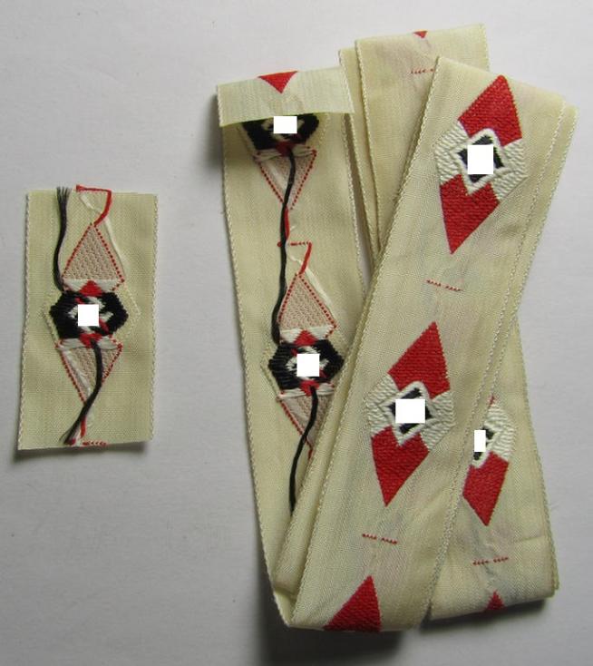 HJ (ie. 'Hitlerjugend') cap-badge (ie.: 'Raute') being a bright-red-coloured- and/or detailed example that is executed in the neat 'BeVo'-weave-pattern