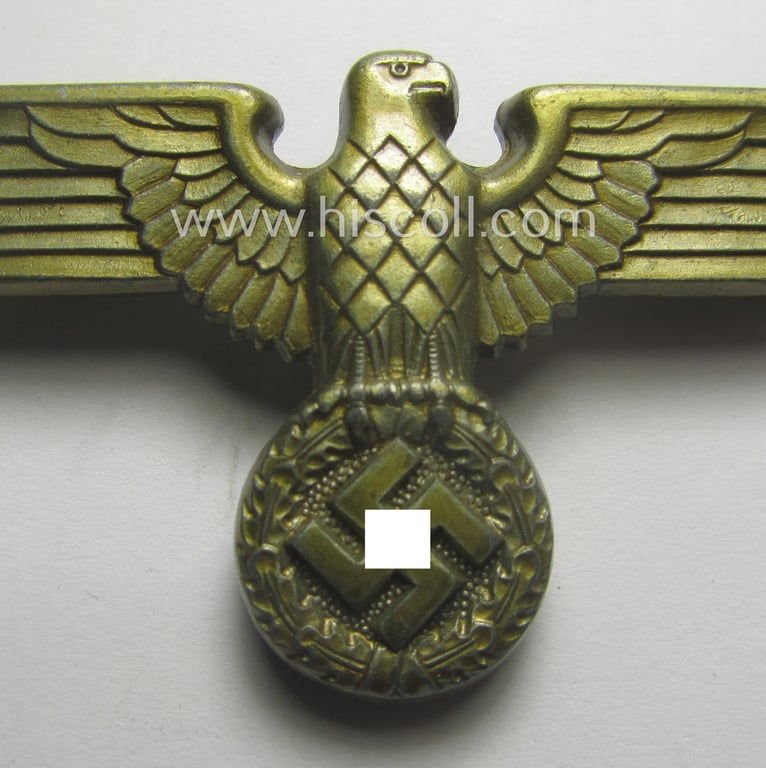Golden-toned- and/or: zinc- (ie. laquered 'Feinzink'-based - (political-styled) visor- (ie. 'Schirmmützen'-) cap-eagle that is neatly: 'RzM' and/or 'M1/49' marked