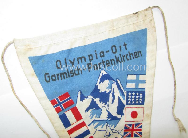 'Patriotic-styled'- and/or truly nicely executed! - multi-coloured, TR-period vehicle- ie. bicycle-flag (ie. 'Fahrrad-Fahne') depicting various national flags and text: 'Olympia-Ort - Garmisch-Partenkirchen'